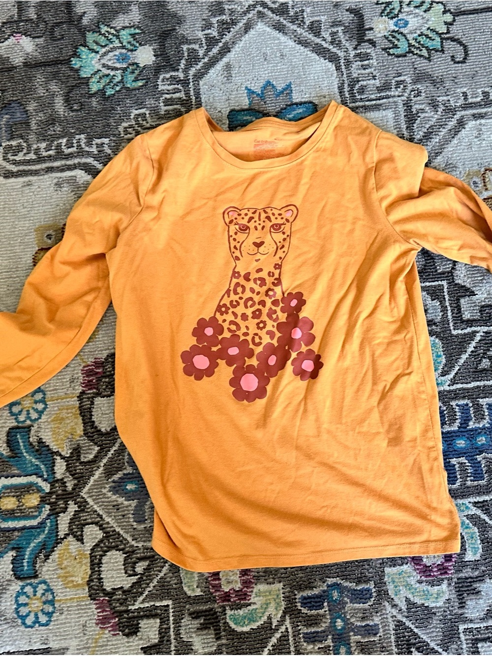 Cat & Jack Girls Cheetah Flower Graphic Tee Mustard Yellow Long Sleeve Size XL